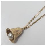 14k gold bell pendant with pearl clapper, on 14k