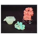 Group of coral, jade and resin carved figures