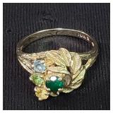 10k gold ring with emerald and semiprecious stones