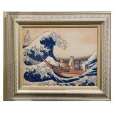 Framed whimsical cat-inspired  "Great Wave" print