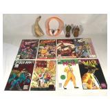 Dre Beats headphones, comic books, wood sculptures
