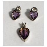 14k white gold and amethyst earrings and pendant