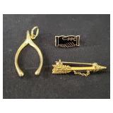 14k gold wishbone pendant and two 10k gold pins