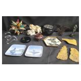 Group of figurines, plates, desk ornament,