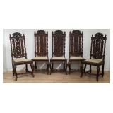 5 antique hand carved barley twist oak chairs, as