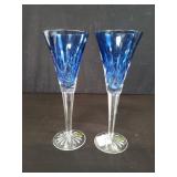 Pair of Waterford Lismore sapphire blue flutes