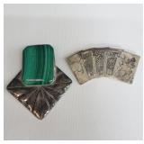 Sterling silver brooches, 1 with malachite, 1