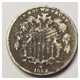 1882 Union Shield Nickel No Rays Coin.
