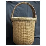 Vintage Asian hand woven wood & brass rice basket