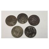 5 Indian Head Cent  Coins; 1870 - 1907.  1870