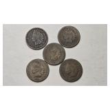 5 Indian Head Cent Coins. Penny dates are 1873,
