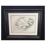 Vintage signed female nude pencil drawing