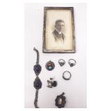 Sterling silver rings, picture frame, brooch/