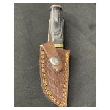 Damascus steel fixed blade knife w/ leather sheath