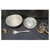 Box of pewter plates, bowls, spoon, etc.