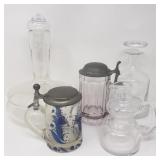 Box of glass, decanter, mugs, pitcher
