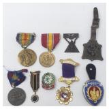 Group of vintage medals & pins, WW1 Victory medal,