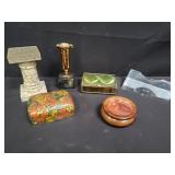 Group of desk ornaments, trinket box, pedestal
