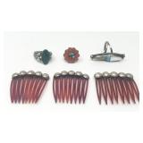 Group of silver beaded combs and three rings