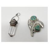 2 silver pendants one with turquoise, one with