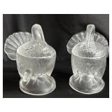 Pair of L.E Smith style glass turkey candy dishes
