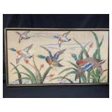 Framed vintage hand-stitched cross-stitch flying