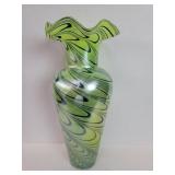 Hand blown iridescent green and blue glass vase