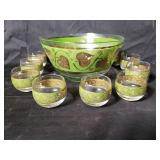 Culver Green gold leaf punch bowl with 9 glasses