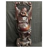 Vintage hand carved wood laughing Buddha statue