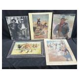 Five vintage western prints framed Native