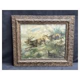 Framed antique lithograph of dogs chasing deer
