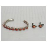 Native American style silver and coral cuff