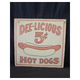 Vintage "Dee-licious 5ï¿½ Hot Dogs" tin sign