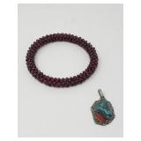 Garnet bead bangle bracelet and silver tone,