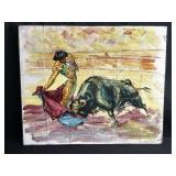 Framed initialed antique hand painted tile