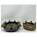 Pair of art pottery bowls with frog & turtles