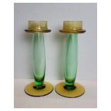 Green and amber glass candlesticks