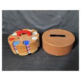 Vintage poker chips wood caddy & cover