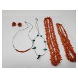 Necklaces: 3 coral, turquoise, and coral earrings