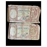 Pair of vintage 20 Francs banknotes