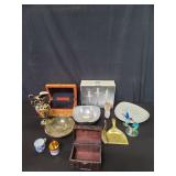 Miscellaneous glass candlesticks, aluminum bowl,