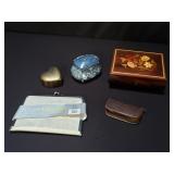 Music boxes, brass trinket box, photo clutch, etc.