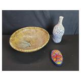 signed pottery bowl, pottery bottle and