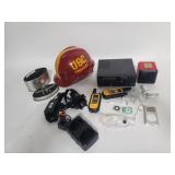 Box of miscellaneous items, USC hardhat, Dewalt