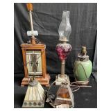 Box lot with 4 table lamps and oil lamp