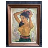 Signed framed oil on canvas nude portrait of a