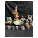 Box of misc, stone figurines, geode specimens,