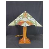 Arts and Crafts style wood and glass table lamp