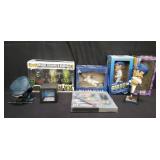 Box of bobble heads, toys, desk clock, etc