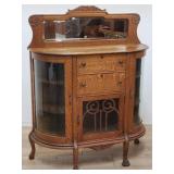 Vintage tiger oak display cabinet with curved